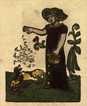 illustration of English tales, folk tales, and ballads. A woman feeding ducks