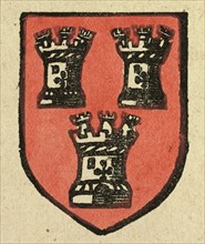 illustration of English tales, folk tales, and ballads. A coat of arms depicting three castles