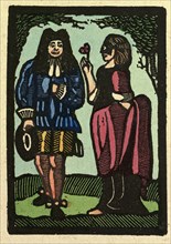 illustration of English tales, folk tales, and ballads. A woman giving a flower to a man