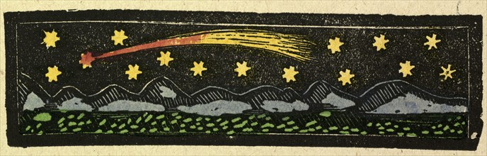 illustration of English tales, folk tales, and ballads. A shooting star over a range of mountains