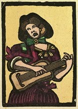 illustration of English tales, folk tales, and ballads. A woman playing a musical instrument