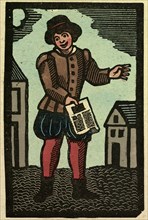illustration of English tales, folk tales, and ballads. A man showing a piece of paper