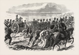 THE VOLUNTEER SHAM FIGHT AT BRIGHTON ON EASTER MONDAY: THE SUSSEX ARTILLERY ASCENDING THE DOWNS