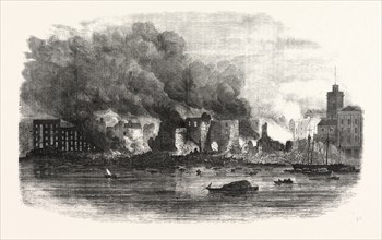 THE GREAT FIRE IN SOUTHWARK: SCENE AT COTTON'S WHARF AT MIDDAY, UK