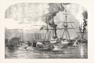 STEAMSHIPS OF THE ALLIED FLEET SEARCHING FOR INFERNAL MACHINES OFF CRONSTADT, RUSSIA, 1854