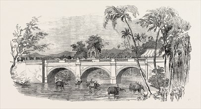OPENING OF A NEW BRIDGE AT TRAVANCORE. THE RAJAH'S STATE PROCESSION, INDIA, 1854