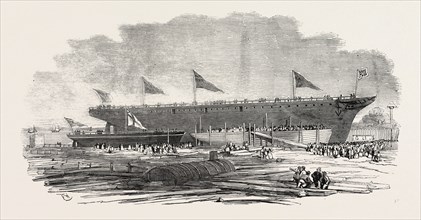 LAUNCH OF H.M. GUN-BOAT PELTER, AND THE PORTUGUESE STEAMSHIP DOM PEDRO SECONDO, AT NORTHFLEET, 1854