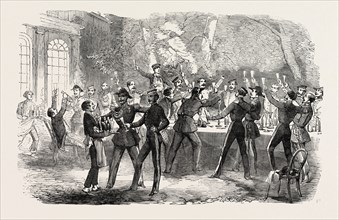 FRATERNIZATION OF THE BRITISH HORSE GUARDS AND THE FRENCH CENT GARDES, AT BOULOGNE, DRINKING HER