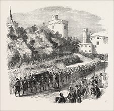 FUNERAL OF THE LATE MARQUIS OF ORMONDE. THE PROCESSION LEAVING KILKENNY CASTLE, 1854