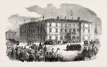 HER MAJESTY'S VISIT TO HULL AND GRIMSBY: THE QUEEN AT THE STATION HOTEL, AT HULL, 1854
