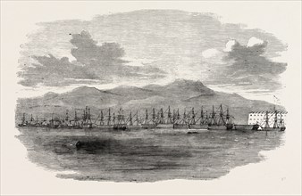 THE CRIMEAN WAR: RUSSIAN FLEET MOORED OUTSIDE THE BATTERIES OF SEBASTOPOL, UNDER THE GUNS, 1854