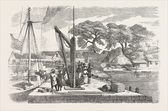 MATACONG, ON THE WEST COAST OF AFRICA, THE PIER AND WAREHOUSES, 1854