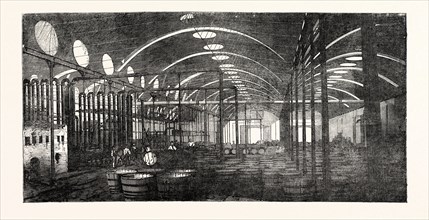 THE BROMBOROUGH POOL CANDLE-WORKS, INTERIOR VIEW UNDER THREE SPANS OF ROOF, 1854