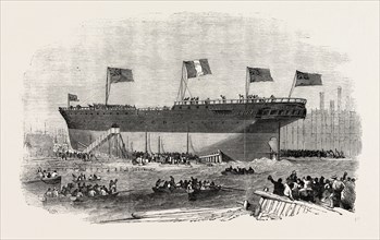 LAUNCH OF THE VITTORIO EMANUELE IRON SCREW STEAMER, AT BLACKWALL, 1854