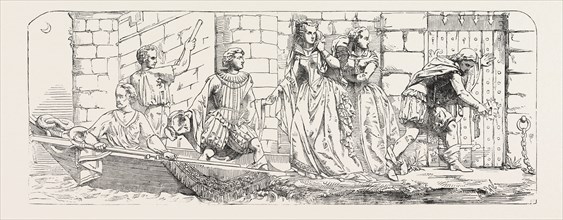 ESCAPE OF MARY QUEEN OF SCOTS FROM LOCHLEVEN, BRONZE BAS-RELIEF, BY THEED, IN THE PRINCE'S CHAMBER