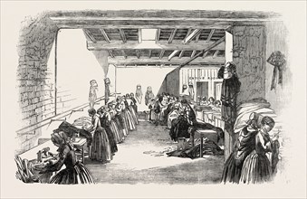 STEAM SEWING-MACHINES, 1854. A VIEW OF A PORTION OF THE MACHINE-ROOM IN MESSRS. HOLLOWAY AND CO.'S