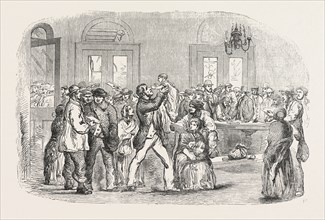 THE CRIMEAN WAR: NAVVIES LEAVING FOR THE CRIMEA AT THE NORTH-WESTERN RAILWAY TERMINUS, EUSTON