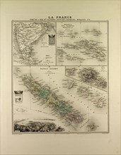 MAP OF INDIA, NEW CALEDONIA, TAHITI, TUAMOTU ARCHIPELAGO, MARQUESAS ISLANDS, 1896