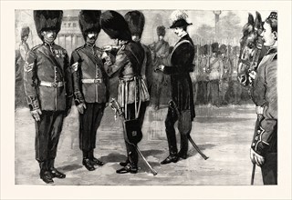 THE PRESENTATION OF MEDALS TO GUARDSMEN ON THE HORSE GUARDS' PARADE IN RECOGNITION OF THEIR BRAVERY