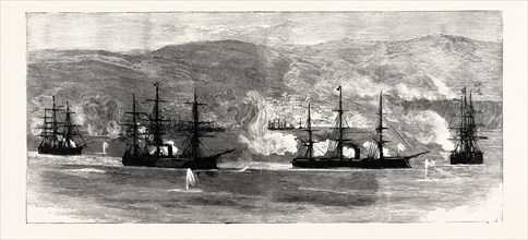 THE CIVIL WAR IN CHILE: INSURGENT WAR SHIPS BEING FIRED AT FROM THE VALPARAISO FORTS