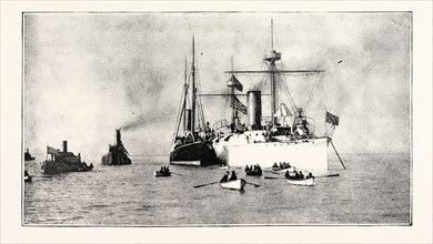 THE U.S. CRUISER CHARLESTON RECEIVING ON BOARD THE KING OF HAWAII'S BODY IN SAN FRANCISCO HARBOUR