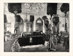 THE QUEEN DOWAGER KAPIOLANI KNEELING BESIDE HER HUSBAND'S COFFIN IN THE PALACE AT HONOLULU