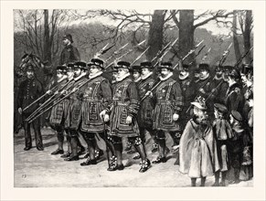 ON THE WAY TO HER MAJESTY'S DRAWING ROOM: THE YEOMEN OF THE GUARD MARCHING DOWN THE MALL, UK