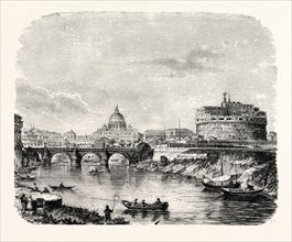 ST. PETER'S, WITH THE BRIDGE AND CASTLE OF ST. ANGELO. Rome, Italy