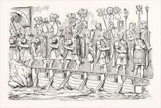 ROMAN SOLDIERS PASSING OVER A BRIDGE OF BOATS. (From the Antonine Column.)
