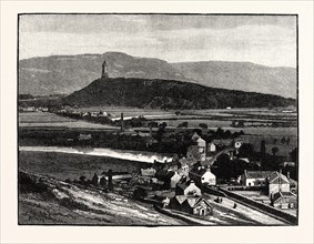 THE ABBEY CRAIG AND WALLACE MONUMENT, NEAR STIRLING, WITH THE OCHIL HILLS.