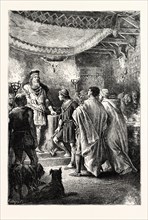 SAXON NOBLE RECEIVING STRANGER GUESTS IN HIS HALL.