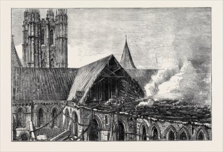 CANTERBURY CATHEDRAL AFTER THE RECENT FIRE, SHOWING THE PORTION BURNT