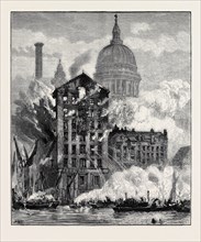 THE THAMES STREET FIRE: A SKETCH FROM THE RAILWAY BRIDGE, LONDON