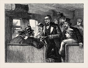SKETCHES IN NEW YORK DURING THE PRESIDENTIAL ELECTION: TAKING VOTES IN A RAILWAY CAR