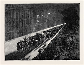 SKETCHES IN NEW YORK DURING THE PRESIDENTIAL ELECTION: EVENING PROCESSION OF POLITICAL CLUBS VIEWED