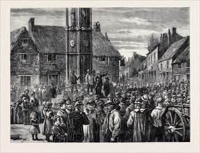 SKETCHES IN THE AGRICULTURAL DISTRICTS: LABOURERS MEETING AT THE ELEANOR CROSS, GEDDINGTON,