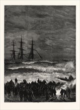 THE WRECK OF THE THREE-MASTED SHIP "BENVENUE" AT SANDGATE: When night came on a bonfire was lighted