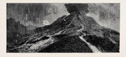 THE ERUPTION OF MOUNT VESUVIUS: SKETCH FROM THE TOP OF THE OBSERVATORY, SHOWING CRATER AND THE TWO