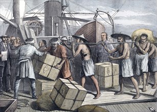 Taking in cargo at Singapore in 1873