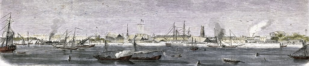 The harbor of Bombay, India. Engraving of 1857