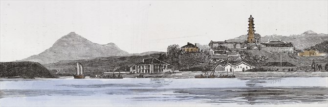 Pagoda island, in the river Min. The anchorage for large boats at Foochow. Engraving, 1884