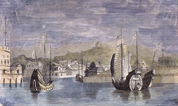 Harbor of Shang-Hai, China. Engraving 1859.