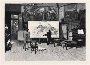 "A PAINTER AT WORK IN HIS STUDIO" FROM THE PICTURE BY SIR JOHN GILBERT, R.A.