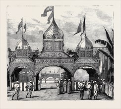 THE VICEROY OF INDIA'S VISIT TO RANGOON, BRITISH BURMA: ARCH ERECTED BY MOGULS, HINDOO ARCH IN