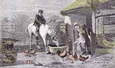The Farmhouse Porch; Walter Goodall; Children; Horse; Chicken, 19th century, farm; white horse;