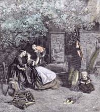 Happy Days In The Garden; Children; C.J. Lewis; 1860, spring; garden; back garden; doll; axe; wood;