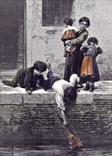 To The Rescue; L. Passini; 1878; Children, children rescuing a doll from the water; crying; river