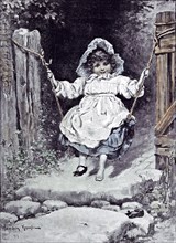 Happy As A King; D. Knowles; Child; 1892, child; skirt; curly hair; content; happy; grass; weed;