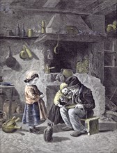 Breakfast; Children; Kitchen; Cat; 1877; , children; pots; pans; kitchen; stool; soup; spoon;