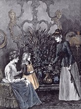 The New Governess; A. Hopkins; Child; 1892;, shy; anticipation; umbrella; skirt; black gloves;